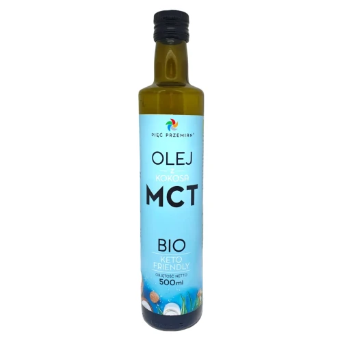 Olej MCT z kokosa w szklanej butelce - BIO - Pięć Przemian, 500ml - przód