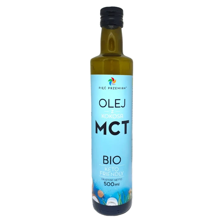 Olej MCT z kokosa w szklanej butelce - BIO - Pięć Przemian, 500ml - przód