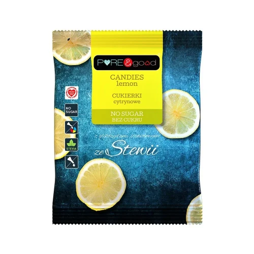 Cukierki cytrynowe bez cukru ze stewią - PURE&amp;good, 50g - przód