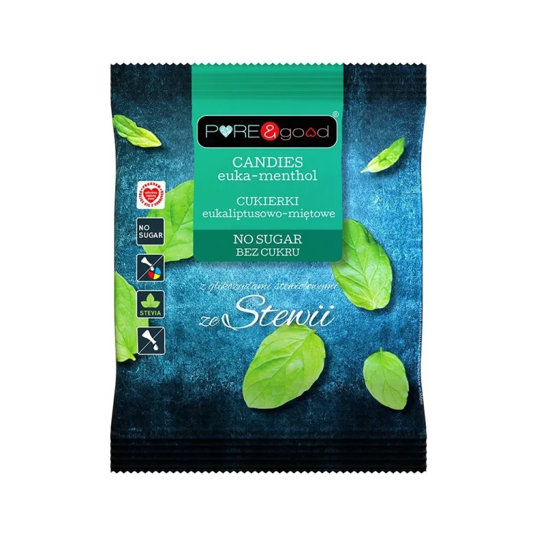 Cukierki eukaliptusowo-miętowe bez cukru ze stewią - PURE&amp;good, 50g - przód