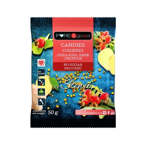 Cukierki dzika róża, imbir i propolis bez cukru ze stewią - PURE&amp;good, 50g - przod