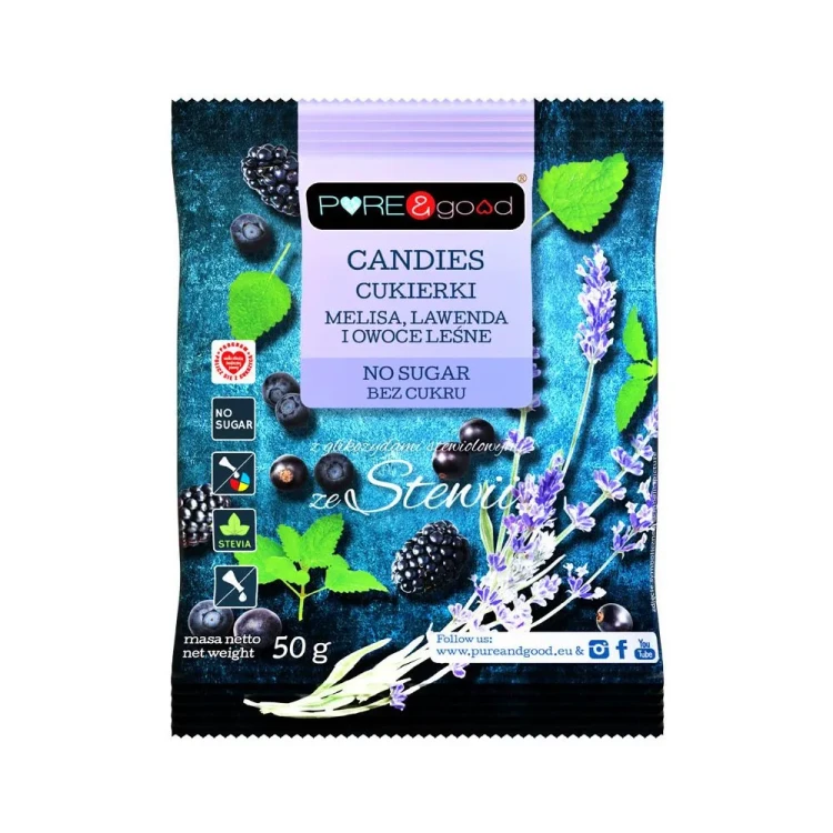 Cukierki melisa, lawenda i owoce leśne bez cukru ze stewią - PURE&amp;good, 50g - przód