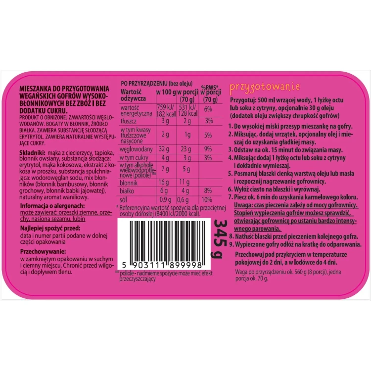 Wege gofry - bezglutenowa mieszanka do przygotowania keto gofrów - Coco Farm, 345g - etykieta