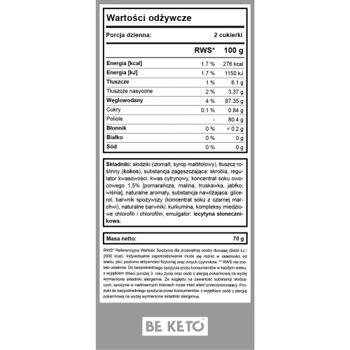 Keto cukierki owocowa mieszanka - Candy Soft &amp; Chewy - BeKeto, 70g - etykieta