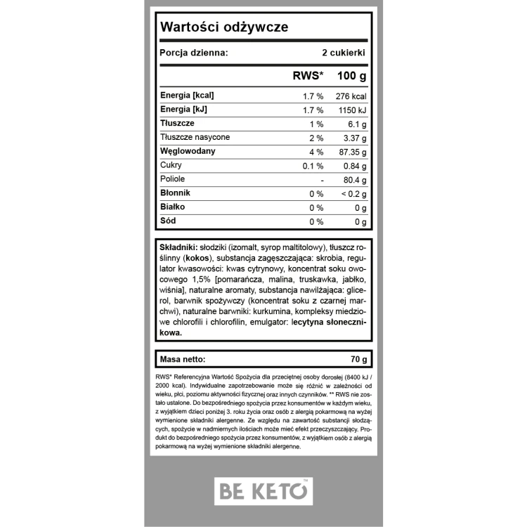 Keto cukierki owocowa mieszanka - Candy Soft &amp; Chewy - BeKeto, 70g - etykieta