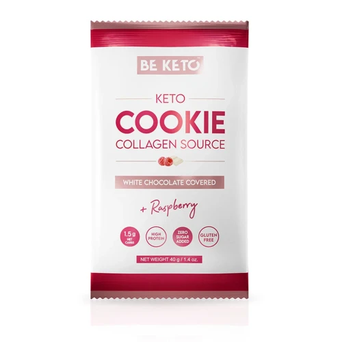 Keto ciastko biała czekolada i malina - Keto Cookie White Chocolate Covered + Raspberry - BeKeto, 40g - przód