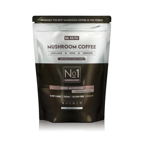 Kawa rozpuszczalna - Mushroom (Lion’s Mane &amp; Cordyceps &amp; Reishi) - francuska wanilia - BeKeto, 250g - przód