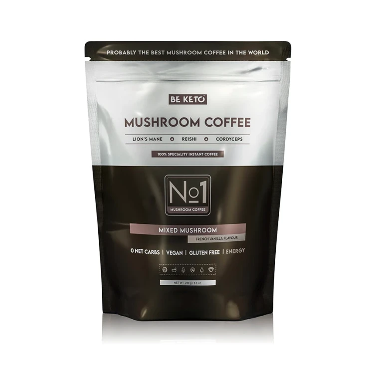 Kawa rozpuszczalna - Mushroom (Lion’s Mane &amp; Cordyceps &amp; Reishi) - francuska wanilia - BeKeto, 250g - przód