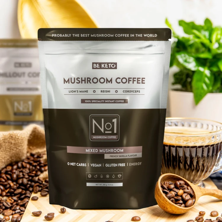 Kawa rozpuszczalna - Mushroom (Lion’s Mane &amp; Cordyceps &amp; Reishi) - francuska wanilia - BeKeto, 250g
