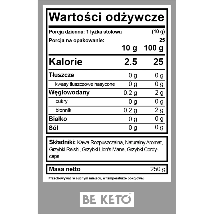 Kawa rozpuszczalna - Mushroom (Lion’s Mane &amp; Cordyceps &amp; Reishi) - francuska wanilia - BeKeto, 250g - etykieta