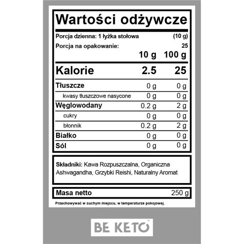Kawa rozpuszczalna - Chillout (Organic Ashwagandha &amp; Reishi Mushroom) - francuska wanilia - BeKeto, 250g - etykieta