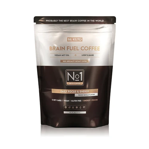 Kawa rozpuszczalna - Brain Fuel (Vegan MCT Oil &amp; Lion’s Mane) - francuska wanilia - BeKeto, 250g - przód
