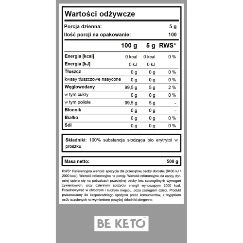 Erytrytol puder, erytrol - BIO - No 1 Keto Sweetener - BeKeto, 500g - etykieta