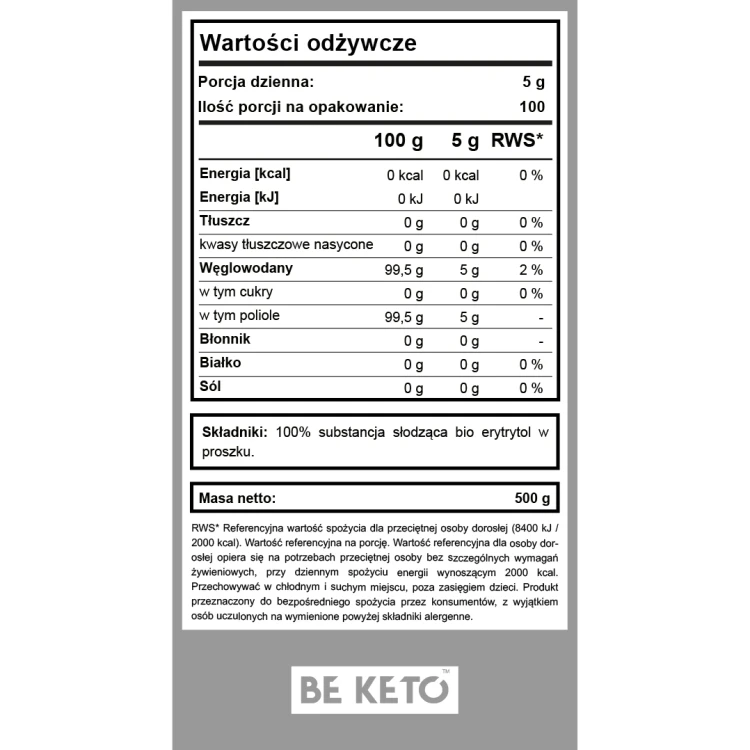 Erytrytol puder, erytrol - BIO - No 1 Keto Sweetener - BeKeto, 500g - etykieta