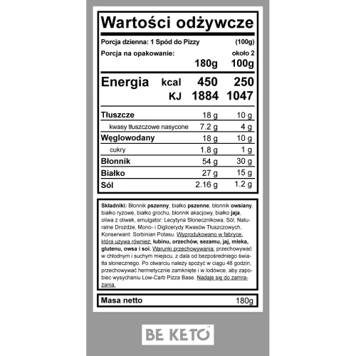 Włoski keto spód do pizzy - BeKeto, 180g - etykieta