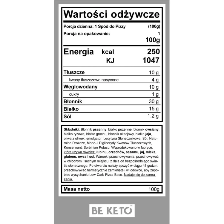 Włoski keto spód do pizzy - BeKeto, 100g - etykieta
