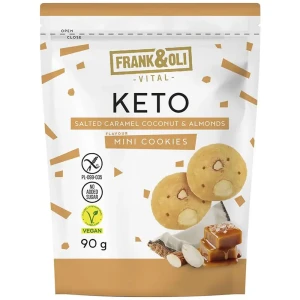 Mini keto ciasteczka kokosowe ze słonym karmelem i migdałami bez cukru 90g FRANK&OLI