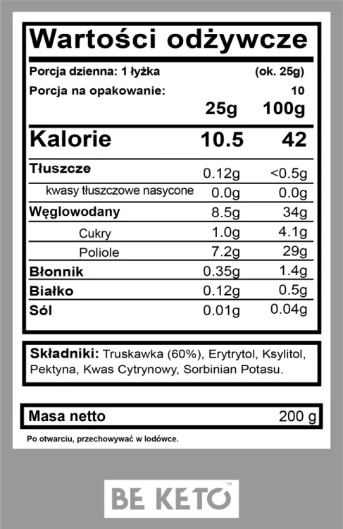 KETO Dżem truskawkowy bez dodatku cukru - Be Keto, 200g - etykieta.webp