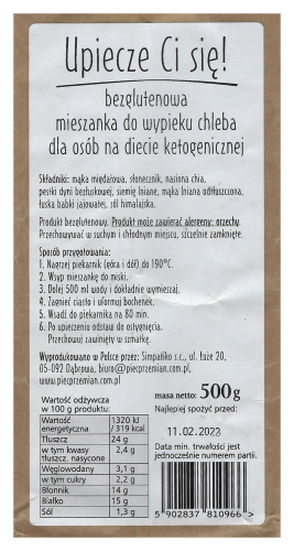 Mieszanka do wypieku KETO chleba, bezglutenowa - Upiecze Ci się, 500g tył.png