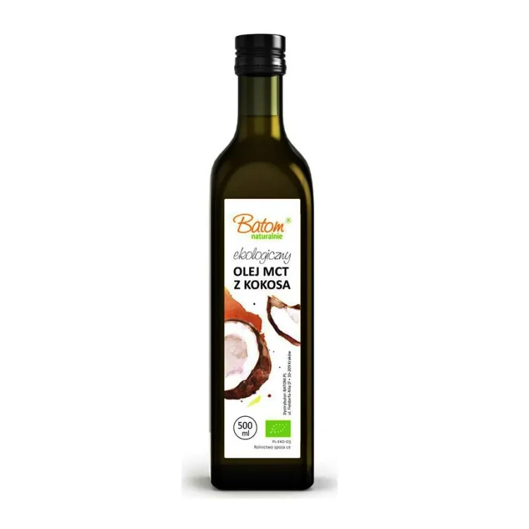 Olej MCT z kokosa w szklanej butelce - BIO, 500ml - przód